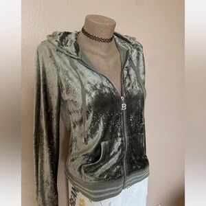 Y2k BCBG Green Velvet Track Zip Up Jacket with Rhinestones